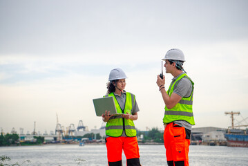 Engineers control worker at international ports in operation Worldwide Sea Ports and Shipping Ports