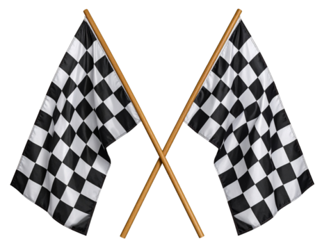 Two Checkered Racing Flags Crossed in X Formation, Front View, Transparent Background