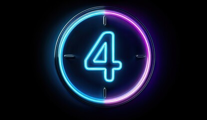 Neon clock displaying the number four, split into blue and purple halves against a black background
