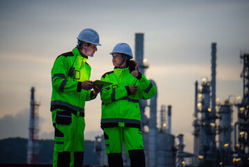 Petroleum Engineer working at the oil refinery industry plant, discuss and meeting brainstorm session