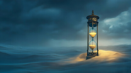 Naklejka premium Hourglass on Sand Dune Against Stormy Sky