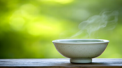 Bowl of Hot Drink on Wooden Surface with Steam