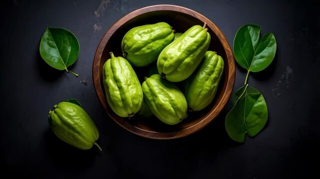 Overhead shot of green chayote squashes in wooden bowl with leaves on dark background, healthy food produce composition