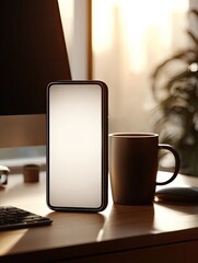 Smartphone with blank screen stands upright on a wooden desk beside a mug and computer peripherals in sunlit room