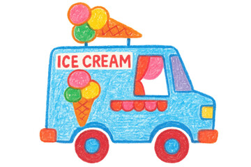 Fototapeta premium Childlike crayon rendering depicting blue ice cream truck, vibrant scoops, transparent backdrop