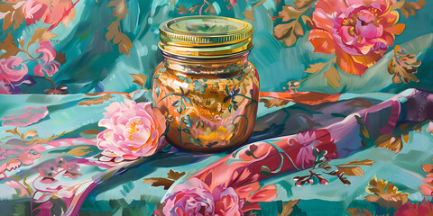 Painted Scene Featuring a Decorative Glass Jar Surrounded by Vibrant Floral-Patterned Fabric in Shades of Teal and Pink

