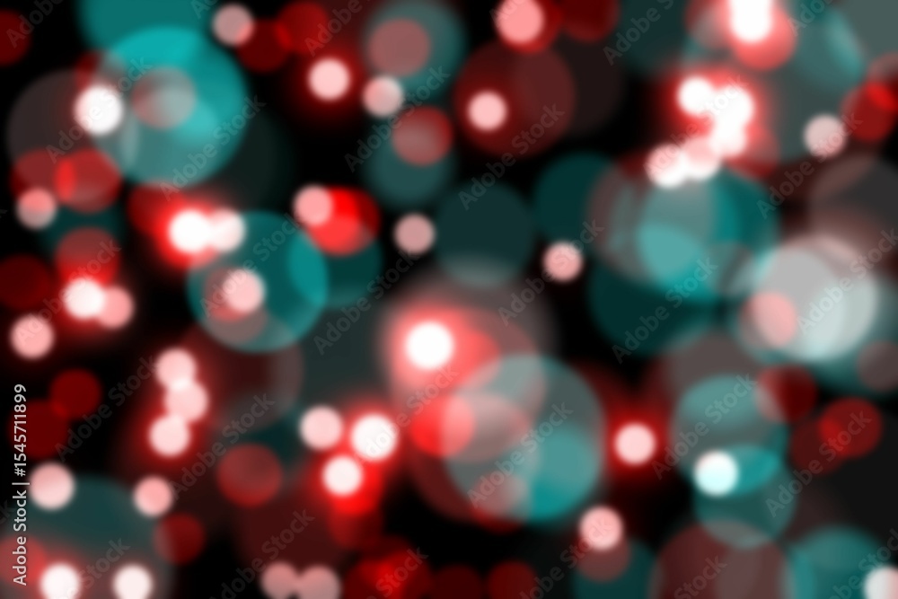 Poster abstract flat design is showing red and turquoise bokeh circles on dark backdrop