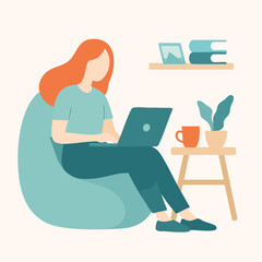 Flat Illustration of Relaxed Woman Working on Laptop at Home