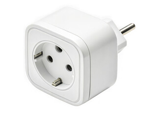 White European power adapter plug, three-prong, square design, isolated on black background