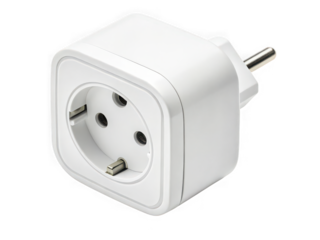 White European power adapter plug, three-prong, square design, isolated on black background