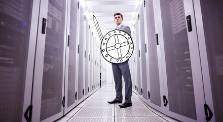 Flat design showing suited man guarding servers in data center aisle with shield and sword overlays
