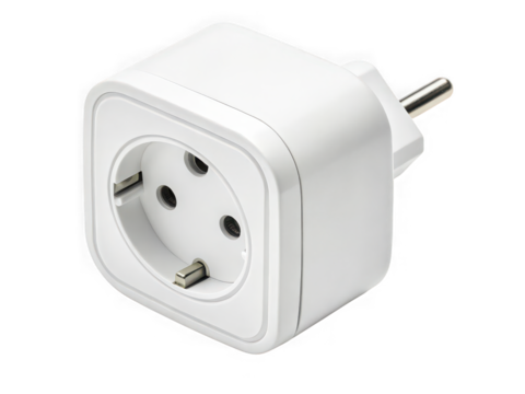 White European power adapter plug, three-prong, square design, isolated on black background
