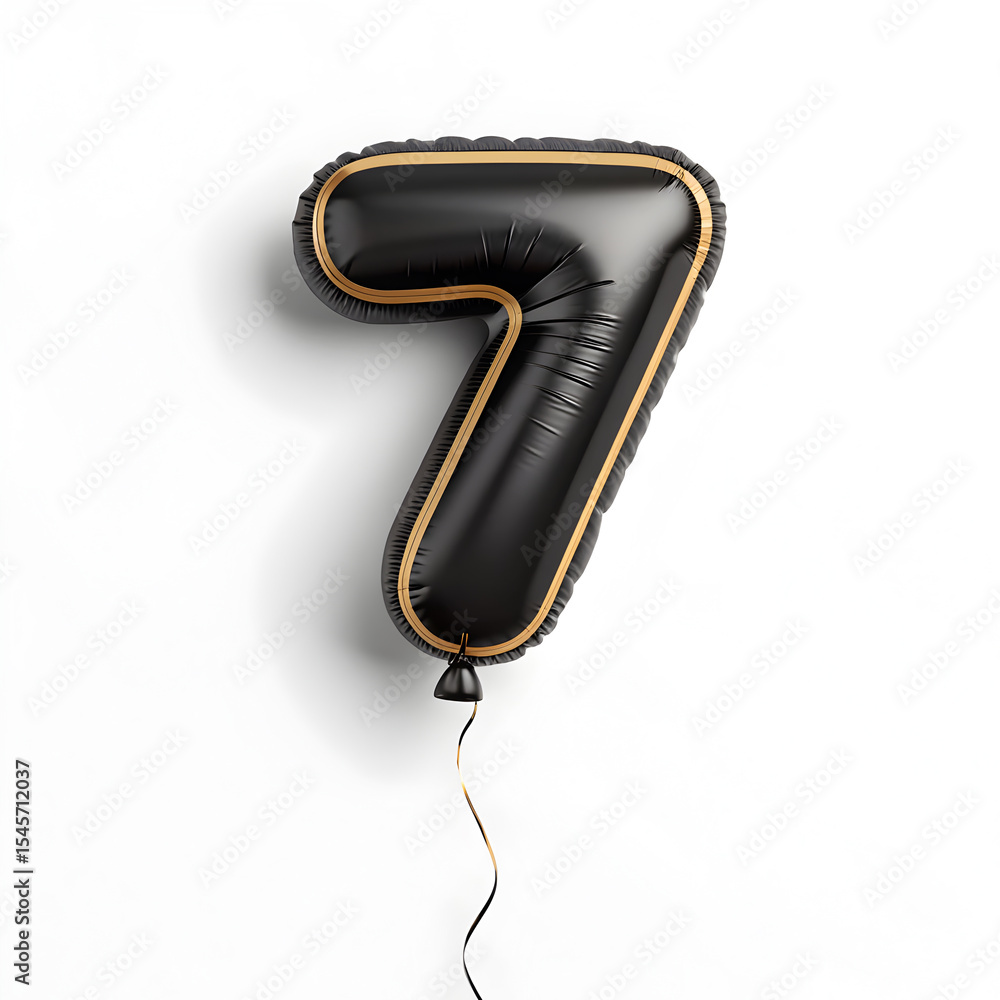 Fototapete a balloon shaped like the number 7,matte black metallic finish with realistic reflections and smooth