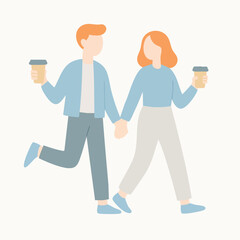 Flat Illustration Couple Walking Together Holding Coffee Cup Lifestyle