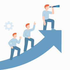 Flat Illustration Man Climbing Up Arrow with Spyglass Concept of Success