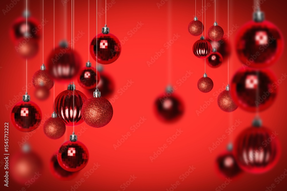 Poster flat illustration is showing red baubles hanging by silver strings creating depth on red gradient
