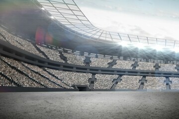 modern sports stadium is being shown in flat design with empty field, seating tiers, floodlights