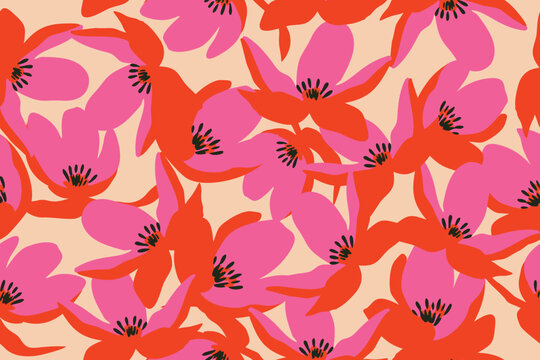 Bold floral pattern featuring vibrant pink and red abstract flowers with black centers on a soft peach background perfect for fashion, textiles, and modern prints
