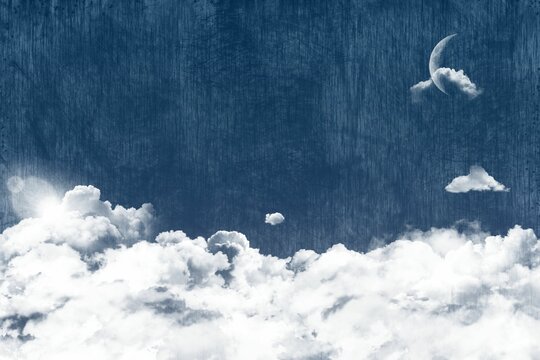 Fototapeta Flat design sky is showing lower cloud bank with radiant sun, lens flare, clouds, crescent moon
