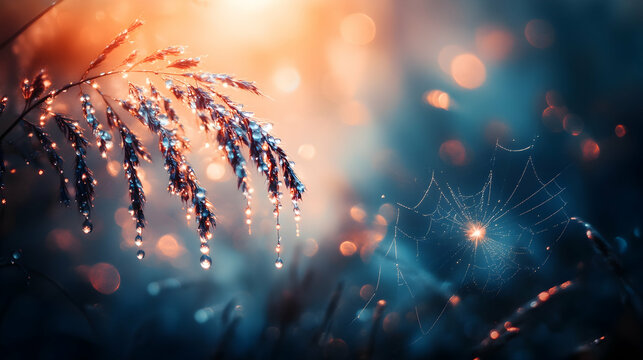 Dew Drops on Plant and Spider Web in Morning Light - Powered by Adobe