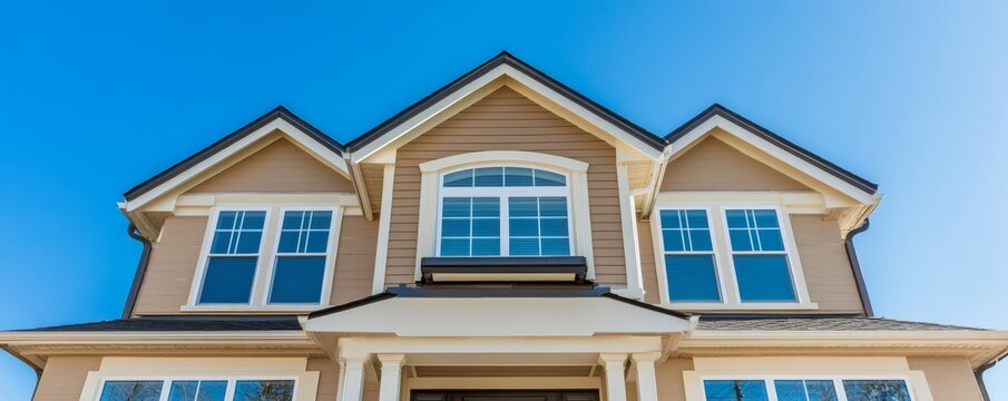 Tan House Exterior with Gable Roof and Windows, Home Design, Architecture , Real Estate