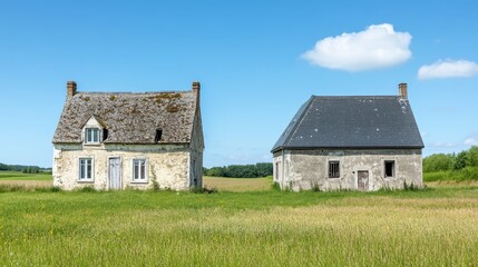 Obraz premium Two Derelict Stone Cottages in a Summer Field, Rural Landscape, Old Buildings, Farmhouse ,abandoned,cottage