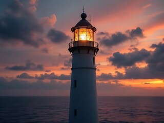 Lighthouse tower captured from the middle to the top, glowing warmly at sunset with soft ocean horizon. Ideal for travel themes, coastal guides, and maritime safety illustration