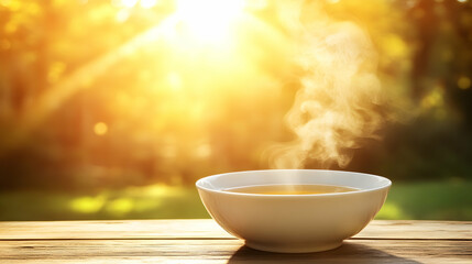 Bowl of Hot Soup with Steam on Wooden Table Outdoors