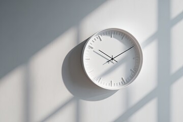 Minimalist white wall clock showing time, casting shadow from sunlight through window