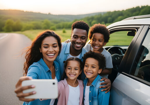 Happy family taking a break from driving, posing for a selfie in front of their car - Powered by Adobe