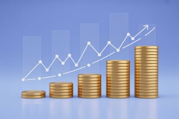 Stacks of gold coins with an upward trending line graph against a blue gradient background