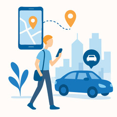 Flat Illustration Man using Ride Sharing Application on Mobile Device