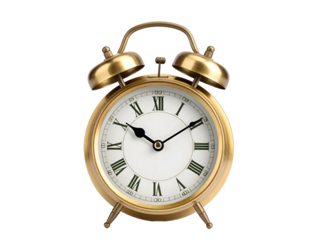 Vintage gold alarm clock with classic white dial and Roman numerals