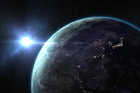 Fototapeta Shiny sun behind planet Earth