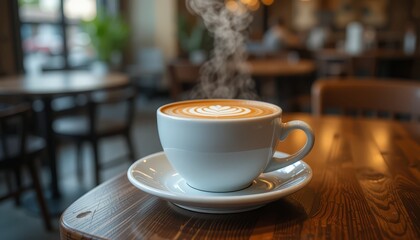 Fototapeta premium Aromatic Latte Art Steam Rises from Coffee Cup in Cozy Cafe Setting