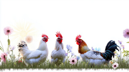 Fototapeta premium Three chickens standing in field of flowers, showcasing vibrant colors and unique patterns. scene evokes cheerful and lively atmosphere