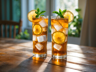 Close-up of a cold glass of iced tea and lemonade in wooden table. Special Summer Drink. Ai Generative