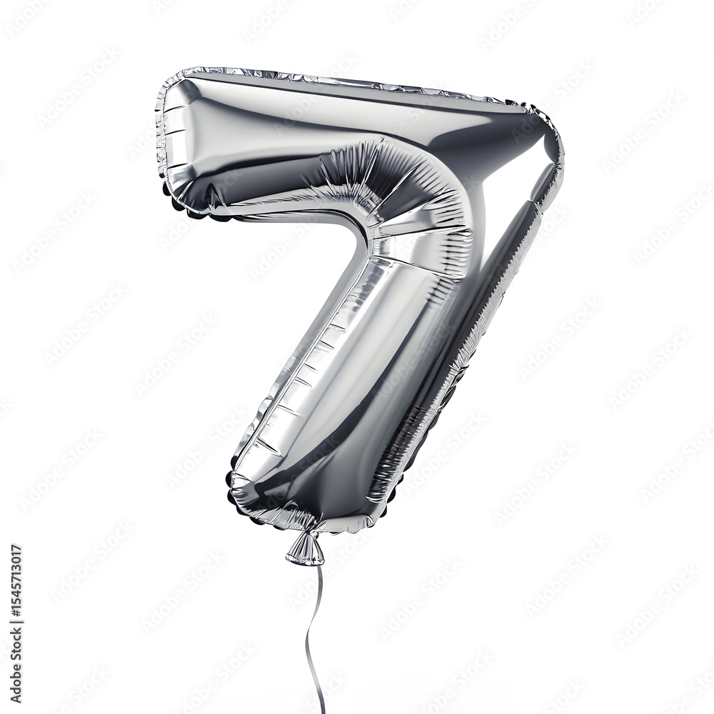 Fototapete a balloon shaped like the number 7 ,silver metallic finish with realistic reflections and smooth tex