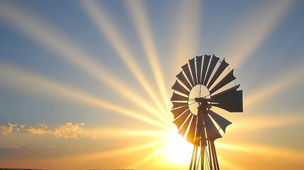 Windmill silhouette at sunset sun rays peaceful nature scene