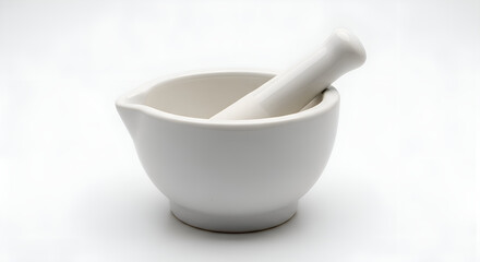 A ceramic kitchen mortar and pestle, clean white background