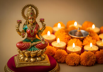 Golden goddess lakshmi idol sitting in a lotus pose surrounded by burning tea lights and orange flowers