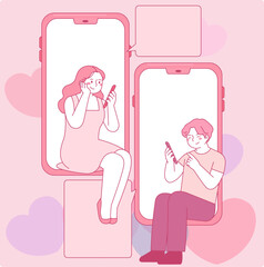 online, mobile phone, chatting, communication, romance cam, love, affection, interaction, social media, couples, lovers, communication