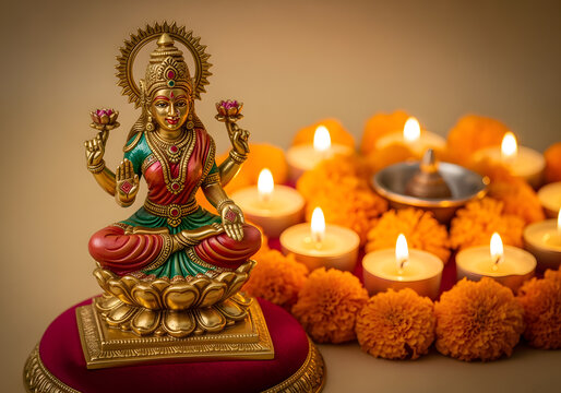 Golden goddess lakshmi idol sitting in a lotus pose surrounded by burning tea lights and orange flowers