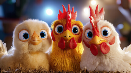 Three colorful animated chickens with large expressive eyes, showcasing playful and cheerful demeanor, stand together in cozy setting