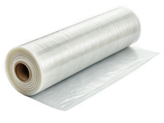 Roll of clear plastic stretch film packaging wrap, unrolled, studio shot