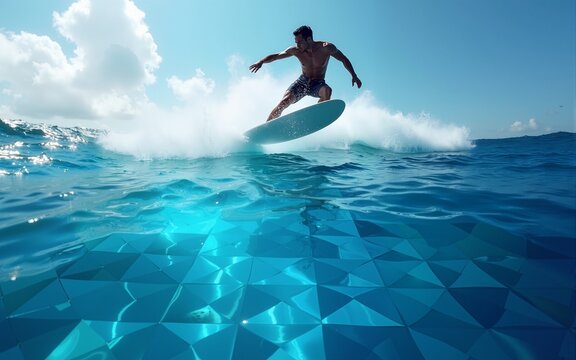 Fearless man surfing on an artificial ocean made of blue geometrical patterns: epic metaphor for human in control of technology. High quality