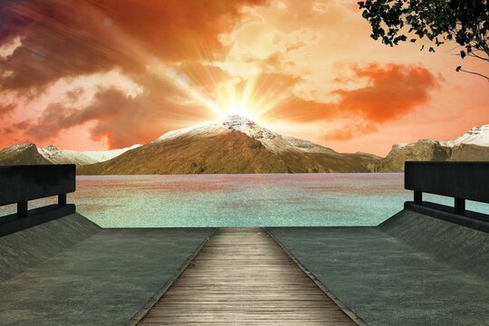 Fototapeta Flat design showing sunrise lighting snowy peak, boardwalk entering lake by railed docks and branch