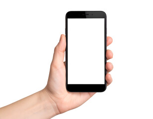 Hand holding smartphone with blank screen