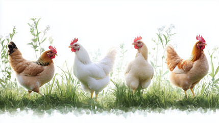 Fototapeta premium Charming chickens stand lush green field, showcasing their vibrant feathers and unique personalities. Their playful demeanor adds joy to serene