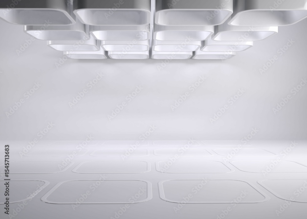 Aufkleber 3d render is displaying suspended square panels in minimalist room with recessed floor outlines